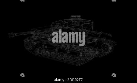 3d-Rendering - Drahtmodell des Tank-Hologramms in Bewegung. Stockfoto