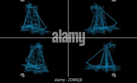 3d Rendering - Drahtmodell des antiken großen alten hölzernen Katapult mit den großen Steinen Stockfoto