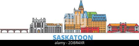 Kanada, Saskatoon Linie Stadtbild, flache Vektor. Travel City Wahrzeichen, oultine Illustration, Linie Welt Symbole Stock Vektor