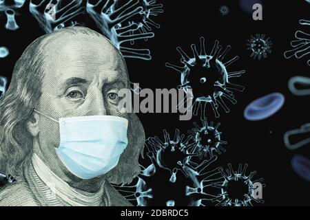 Benjamin Ben Franklin isoliertes Gesicht von 100-Dollar-Banknote mit Gesichtsmaske auf covid Hintergrund. Konzept der globalen Finanzkrise und Pandemie Stockfoto