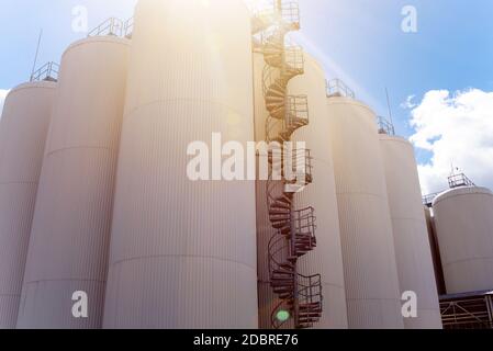 Reihen von Brühtanks gegen den Himmel. Industrielle Bierherstellung Stockfoto