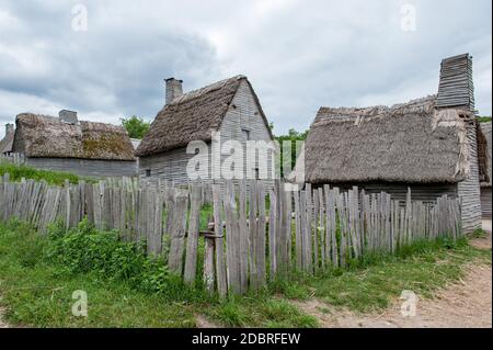 Plimoth Plantation in Plymouth, MA. Dieses Freilichtmuseum repliziert die ursprüngliche Siedlung, in der die erste Danksagung 1621 stattgefunden haben könnte. Stockfoto