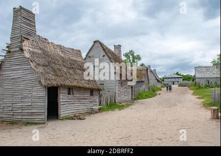 Plimoth Plantation in Plymouth, MA. Dieses Freilichtmuseum repliziert die ursprüngliche Siedlung, in der die erste Danksagung 1621 stattgefunden haben könnte. Stockfoto