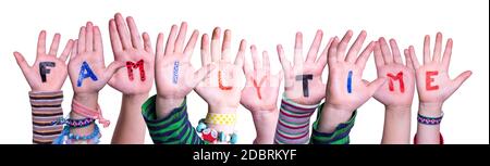 Kinder Hände Gebäude Bunte Englisch Wort Familytime. Weißer Isolierter Hintergrund Stockfoto
