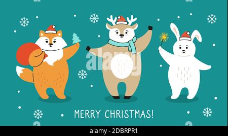 Weihnachtskarte, Cartoon Fuchs, Hirsch und Hase. Silvester Charakter mit santa Tasche und Schnee. Handgezeichnete Doodle niedlichen Vektor. Lustige Tiere Winter feiern Stock Vektor