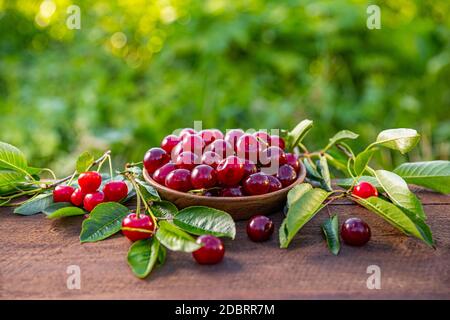 Kirschen in einer Holzschale auf einem Holztisch, Außenaufnahme Stockfoto