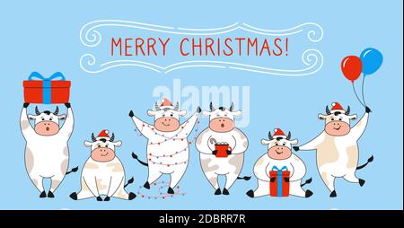 Gruß Weihnachtskarte, Stier in Reihe. Neujahr Symbol Cartoon Kuh, Büffel oder Kalb. Frohe Weihnachten und Frohes neues Jahr. Handgezeichneter Tier Charakter Urlaub Vektor Stock Vektor