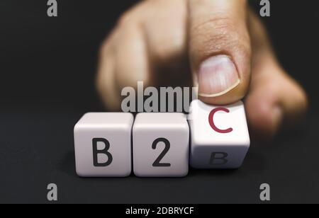 B2B-Änderungen an B2C - Business Priorities Konzept. Hand dreht einen Würfel und ändert das Wort in B2C. Stockfoto