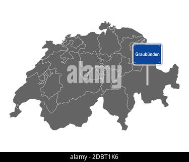 Landkarte der Schweiz mit Ortsschild von Graubünden Stockfoto