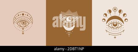 Satz mystischer Augen-, Sonnen- und Mondsymbole im Trend-Minimal-Linear-Stil. Vektor-Isoterische Illustration Stock Vektor