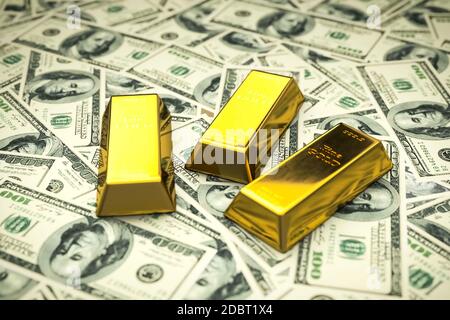 Goldbarren auf Dollar-Banknoten. Gold und Geld. Stockfoto