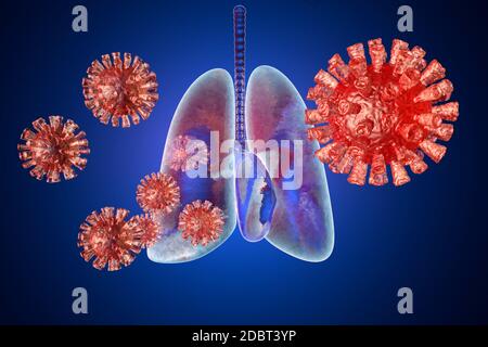 3D-Darstellung des Coronavirus aka COVID-19, das die Lunge angreift. Stockfoto