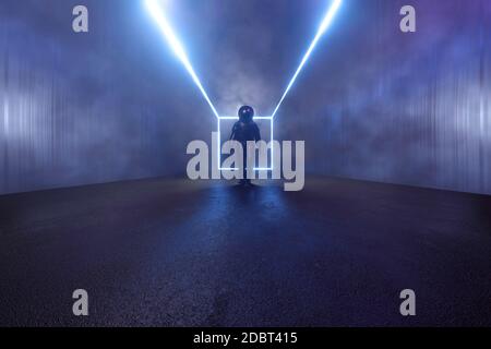 3D-Illustration eines Astronauten in einem dunklen Beton Alien-Innenraum eines Raumschiffs oder Raumstation. Stockfoto