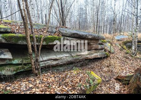 Anyu Säulen . Schöne felsige grau strukturierte Hintergrund mit Moosen und Flechten. Oberfläche Bergklippe Nahaufnahme. Stockfoto