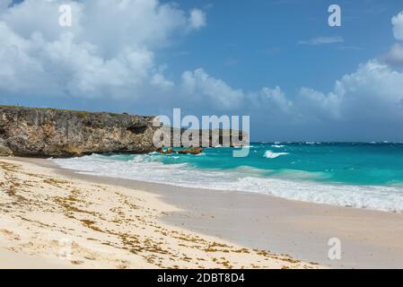 Felsen auf der Unterseite entfernt. Unten Bay ist einer der schönsten Strände auf der karibischen Insel Barbados. Stockfoto