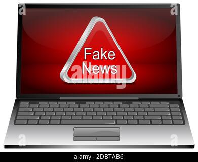 Laptop-Computer mit roten Fake News Warnschild auf rotem Desktop - 3D-Illustration Stockfoto