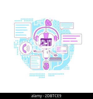 Chatbot App Thin Line Konzept Vektor Illustration. Internet-Kommunikationsanwendung. Online-Support-Service Roboter 2D Cartoon-Charakter für Web-Design Stockfoto