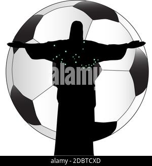 Die Statue von Christus der Erlöser in Brasilien gegen einen Fußball und isoliert auf weißem Hintergrund Stockfoto