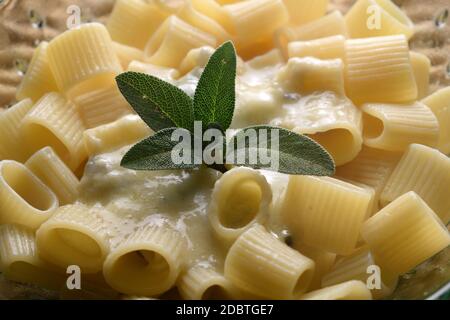 Mezze maniche rigate mit Gorgonzola-Käse Stockfoto