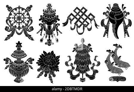 Design-Set mit acht schwarzen Silhouetten von glückverheißenden Symbolen des Buddhismus isoliert auf weiß. Religiöse handgezeichnete Vektor-Illustration, buddhistische Backgr Stock Vektor