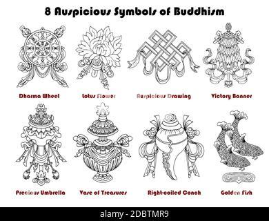 Design-Set mit acht glückverheißenden Symbolen des Buddhismus isoliert auf weiß. Religiöse handgezeichnete Vektor-Illustration, buddhistischer Hintergrund Stock Vektor