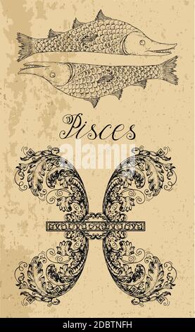 Fische oder Fische Sternzeichen und Fantasie Maskottchen auf Textur. Sammlung von Zeichen und astrologische Symbole im viktorianischen Stil. Vektorlinie Kunst illust Stock Vektor