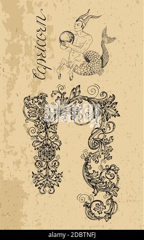 Steinbock Sternzeichen und Fantasie Maskottchen auf Textur. Sammlung von Zeichen und astrologische Symbole im viktorianischen Stil. Vektorlinie Kunst illustratio Stock Vektor