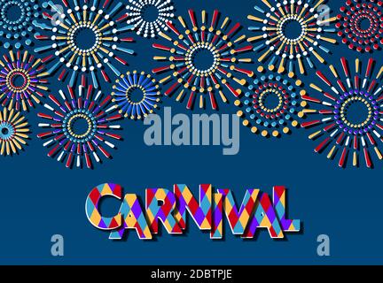 Karneval Inschrift mit Schatten. Mehrfarbige Feuerwerk. Schnitt aus Papier. Flyer, Einladung. Vector Illustration Stockfoto