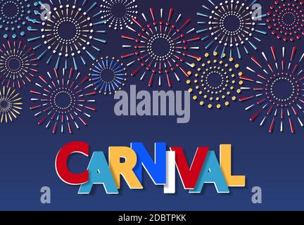 Karneval Inschrift Design. Mehrfarbige Feuerwerk. Schnitt aus Papier. Flyer, Einladung. Vector Illustration Stockfoto