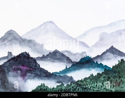 Blick auf die überwuchert Berge am Morgen von Hand mit Aquarellfarben auf weißem Strukturpapier gemalt Stockfoto