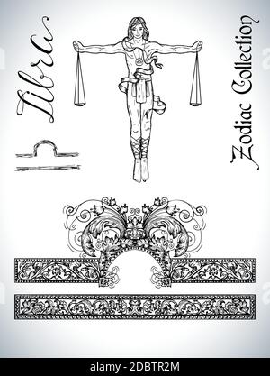 Set mit Waage Tierkreis Zeichen und Maskottchen Zeichnung. Sammlung von astrologischen Symbolen im barocken viktorianischen Stil und Figuren. Vektor Hand gezeichnet illustrr Stock Vektor