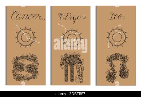 Poster mit Krebs, Jungfrau, Löwe Sternzeichen und Sternbild. Sammlung astrologischer Symbole im viktorianischen und barocken Stil. Design-Set mit vecto Stock Vektor