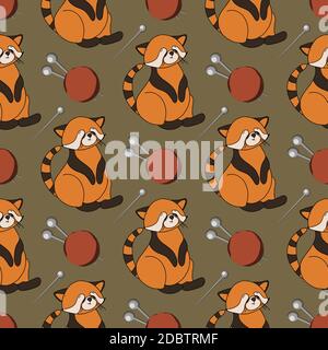Herbstmuster mit Tieren. Roter Panda-Charakter. Eicheln. Herbsthintergrund. Print für Kindertextilien und Stoffe. Niedliche Tiere. Vektorgrafik Stockfoto