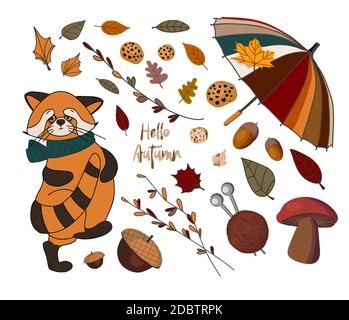 Vektor-Set von Herbst-Ikonen: Roter Panda, fallende Blätter, gemütliches Essen, Nüsse, Pilze und Kürbis. Sammelalbum Sammlung von Herbst Saison Elemente. Hell Stockfoto