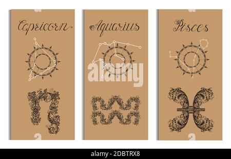 Plakat mit Steinbock, Wassermann, Fische Sternzeichen und Sternbild. Sammlung astrologischer Symbole im viktorianischen und barocken Stil. Design-Set w Stock Vektor