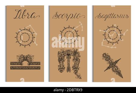 Plakat mit Waage, Skorpion, Schütze Sternzeichen und Sternbild. Sammlung astrologischer Symbole im viktorianischen und barocken Stil. Design-Set w Stock Vektor