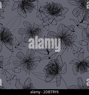 Eleganz SCHWARZE Blumen auf grauem Hintergrund. Die Blüten sind zartes Muster. SPITZE. Stockfoto