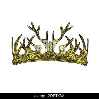 Rothirschkrone. Hirschgeweih. Baratheon Haus Element aus Spiel der Throne. goldene Krone mit Hörnern isoliert auf weißem Hintergrund. Stockfoto