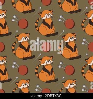 Herbstmuster mit Tieren. Roter Panda-Charakter. Eicheln. Herbsthintergrund. Print für Kindertextilien und Stoffe. Niedliche Tiere. Vektorgrafik Stockfoto