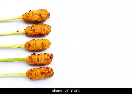 Gegrilltes Hackfleisch mit Currypaste und Kokosnusscreme auf Zitronengrasspieße. Speicherplatz kopieren Stockfoto