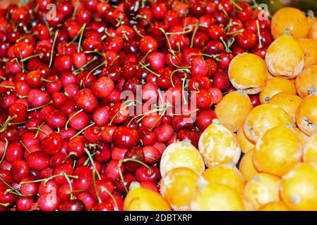 Mercat de la Boqueria in Barcelona, Spanien berühmter, lebhafter öffentlicher Markt, der keine Wünsche offen lässt und Fleisch, Fisch, Obst, Gemüse und andere Lebensmittel anbietet Stockfoto