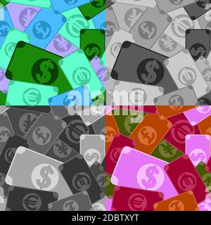 Satz von nahtlosen Mustern mit Papier Banknoten. US-Dollar, Euro der Europäischen Union, japanischer Yen, britisches Pfund. Bargeld im Geschäft. Vektor Stock Vektor
