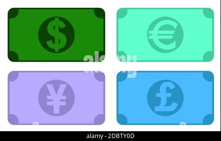 Satz von Papierbanknoten Symbole. US-Dollar, Euro der Europäischen Union, japanischer Yen, britisches Pfund. Bargeld im Geschäft. Vektor Stock Vektor