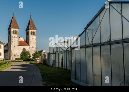 Kirche St. Peter und Paul und Gewächshäuser, Klosterinsel Reichenau Stockfoto