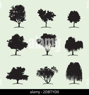 Baumsammlung flache Ikone mit neun verschiedenen Arten von Pflanzen Vektorgrafik auf weißem Hintergrund Stock Vektor