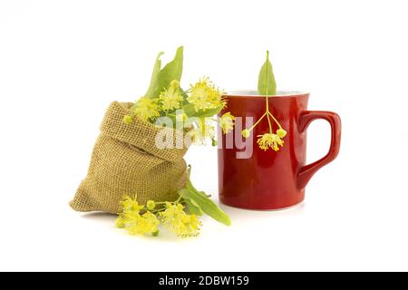 Rote Tasse und kleine hessische Tüte mit frisch gepflückten gelben Lindenblüten und Blättern, auch tilia und Limette genannt, für die Herstellung eines heilenden Tisans oder Tees Stockfoto