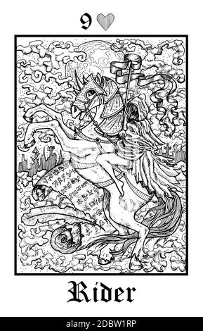 Fahrer. Tarot-Karte aus dem Vektor Lenormand Gothic Mysteries oracle Deck. Schwarz-weiß gravierte Illustration. Fantasie und mystische Linienkunst Zeichnung. Goth Stock Vektor