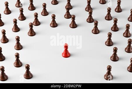 Menge von schwarzen hölzernen Chessman beobachten die Red Leader 3D Illustration, Führung Konzept Stockfoto