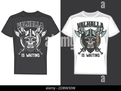 T-Shirt Designmuster mit Abbildung eines wikingerschädels mit Helm und Äxten. Stock Vektor