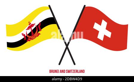 Brunei und Schweiz Flaggen gekreuzt und winken Flat Style. Offizieller Anteil. Korrekte Farben. Stock Vektor